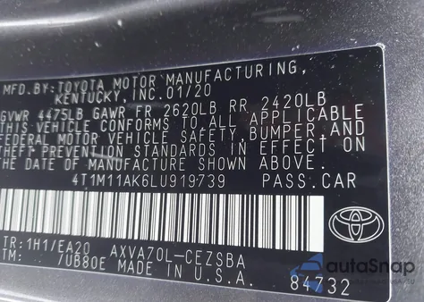 2020 Toyota Camry Se z USA, uszkodzony, nr VIN 4T1M11AK6LU919739